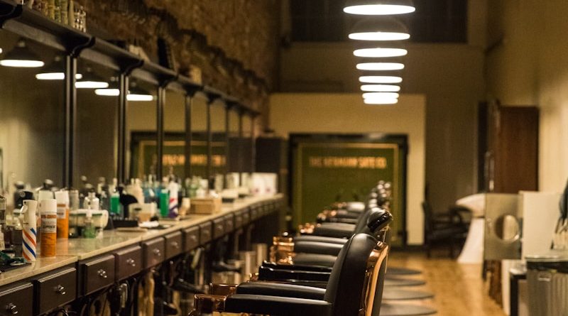 salon interior with lighted pendant lamps